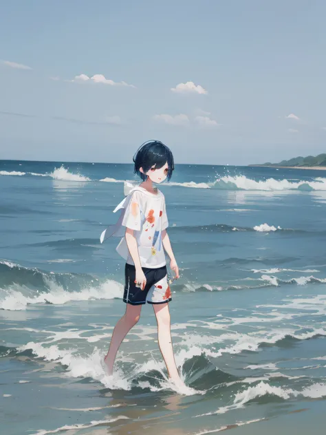 A boy walks in the sea、azure blue water、illustration、Wet painting method