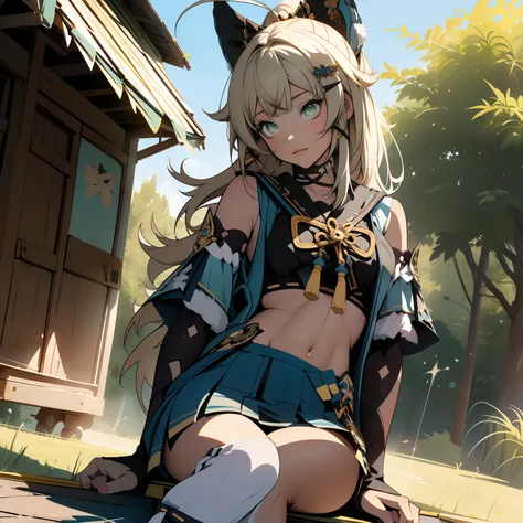 (masterpiece, best quality), 1girl, ( 1girl ) beautiful girl, kirara (genshin impact), sitting on the ground, view from below,(masterpiece, best quality), (detailed face and eyes) (detailed beautiful eyes) cowboy-shot, visible bellybutton, legs, blushing