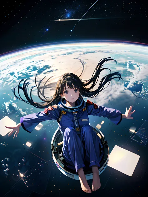 Alfid girl in purple pajamas sitting on a huge white object, Floating in outer space, Floating in space, floating in zero gravity, floating on space, floats in space, girl in space, floating in the universe, Suspended in zero gravity, weightless in space, ...