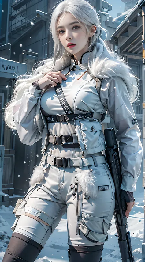 Photorealistic, high resolution, 1womanl, Solo, Hips up, Arctic snow background，looking to the camera，view the viewer, (Detailed face), White hair, SWAT vests, Gun, jewelry