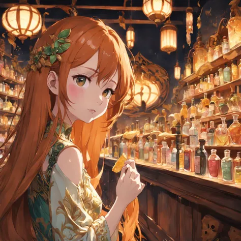 beautiful ginger women in detailed dress at cozy detailed potions shop, air above hair, IPA award wining, masterpiece, made with professional high quality camera, intense contrast, (detailed painting matrix:1.5), perfect colors, perfect setup,