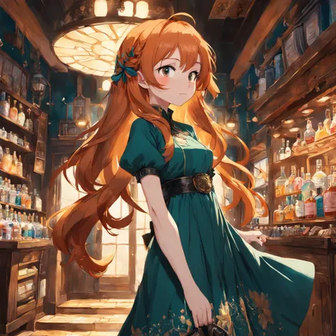 beautiful ginger women in detailed dress at cozy detailed potions shop, air above hair, IPA award wining, masterpiece, made with professional high quality camera, intense contrast, (detailed painting matrix:1.5), perfect colors, perfect setup,