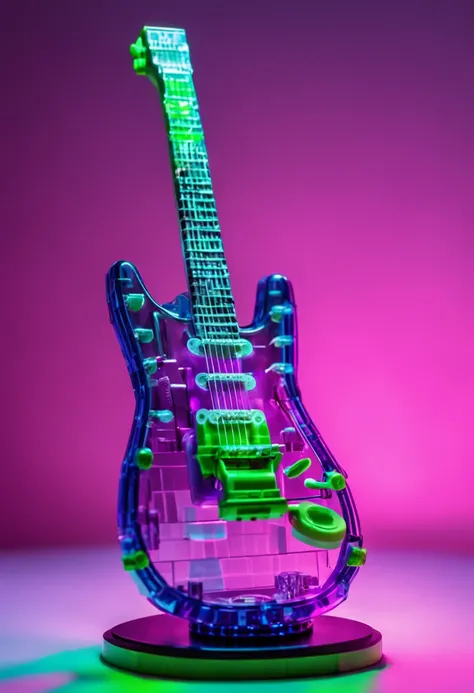 A Lego toy electric guitar made of colorful transparent bricks with a sleek futuristic cyberpunk aesthethic (oval shaped purple and blue transparent bricks, neon green trim lighting up, silver chrome parts, creative intricate shapes, tubes and knobs that t...