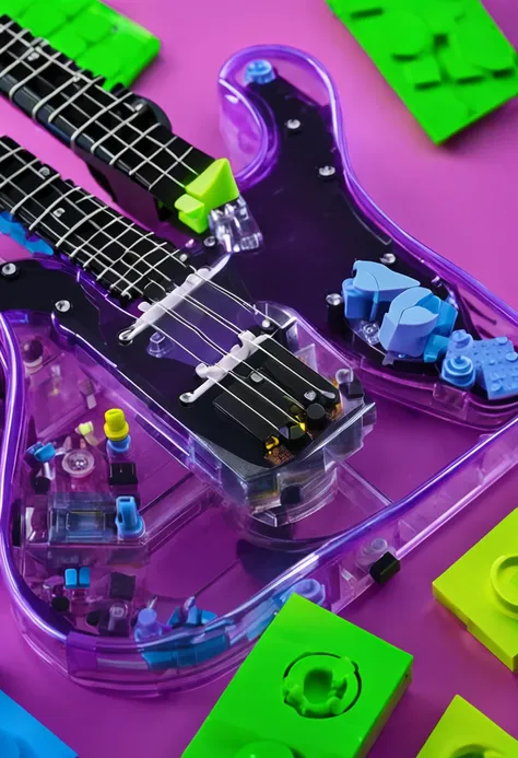 A Lego toy electric guitar made of colorful transparent bricks with a sleek futuristic cyberpunk aesthethic (oval shaped purple and blue transparent bricks, neon green trim lighting up, silver chrome parts, creative intricate shapes, tubes and knobs that t...