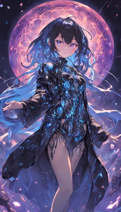 chrometech, metallic female cyborg wearing Patterned Bodysuit, Obsidian Black Necromancer Robe with Phantasmal Orbs: Phantasmal orbs float around the robe, exuding an eerie aura., (Byte Blue,Bright Midnight color background:1.3)