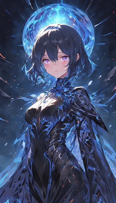 chrometech, metallic female cyborg wearing Patterned Bodysuit, Obsidian Black Necromancer Robe with Phantasmal Orbs: Phantasmal orbs float around the robe, exuding an eerie aura., (Byte Blue,Bright Midnight color background:1.3)