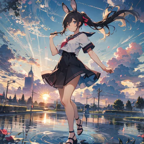 Clouds float in the sky,The setting sun dyed the sky red,The girl smiled happily,Long pink double ponytail hair fluttering。She wore a sailor suit and stepped on ancient Roman sandals,The dynamic texture of the hair is blurred, Like a movie shooting。Its a m...