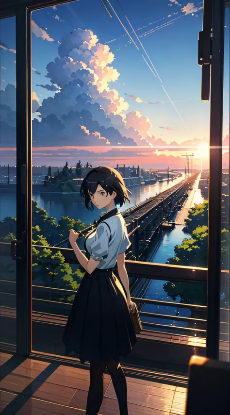 High quality masterpiece ，scenecy，Anime train passing through bodies of water on tracks， starrysky。Romantic train，pixiv，concept-art，Lofi art style，Reflectors。 by makoto shinkai, lofi art, beautiful anime scenes, Anime landscapes, Detailed scenery —width 67...