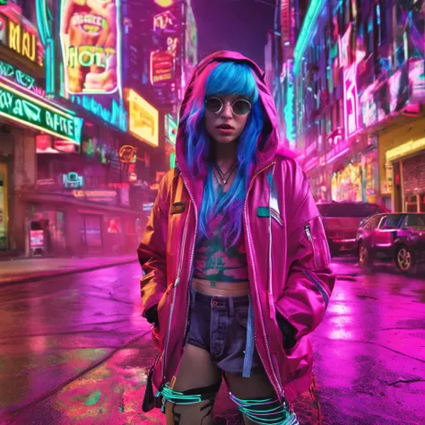 ((Best Quality)), ((Masterpiece)), ((Realistic)) and ultra-detailed photography of a 1nerdy girl with goth and neon colors. She has ((turquoise hair)), wears a techwear jacket and exudes a vibe ((beautiful and aesthetic)), sexy, underboobs, hot