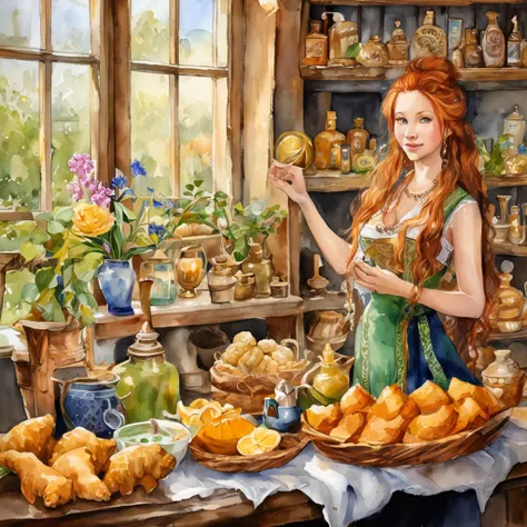 beautiful ginger women in detailed dress at cozy detailed potions shop, air above hair, IPA award wining, masterpiece, made with professional high quality camera, intense contrast, (detailed painting matrix:1.5), perfect colors, perfect setup,