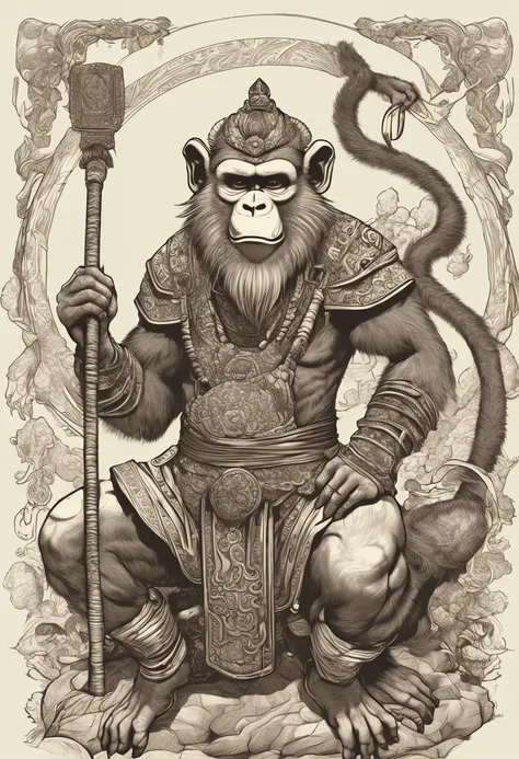 Anthropomorphic male monkey man with golden hoop stick in his hand, Sun Wukong, Wukong, fighting Buddha, normal hands, flame cloud under his feet, fire eyes golden eyes bright and brave, very beautiful anthropomorphic monkey, Guan Yu, inspired by Huang She...