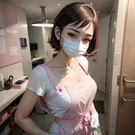 French woman、20yr old、Cool gaze、Human skin feel、Realistic Woman、Wearing a pink paper apron and white scrub、Dental Hygienist、dentistry、dentist、clinic、Solo Shot、short-cut、surgical mask、masks、gloves、rubber glove、