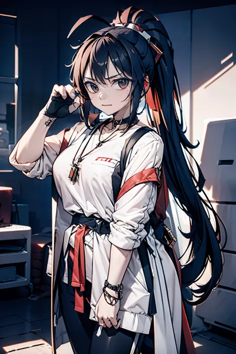 blacksilk,Long hair, Black hair, Messy hair, red highlights,choker necklace，High ponytail，Earphone，F cover,cropped shoulders，wind coat，backpacks，arm guards，huge tit，Headsets，balmy，Side breasts，dishiveredhair，arm guards，arm belt，obi strip，belt，Pocket，Call t...