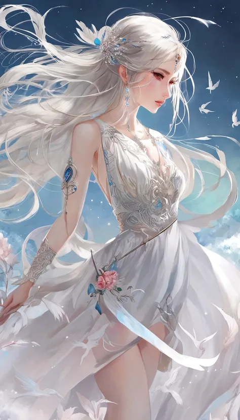 (best qualtiy，tmasterpiece), Beautiful teenage girl, Beautiful goddess, Sexy goddess, Swords, white crane, The right hand, A long flowing dress, Slender legs Silver hair, By bangs, Tie a ponytail,  Beautiful hair accessories, Detailed scenes, the night, st...