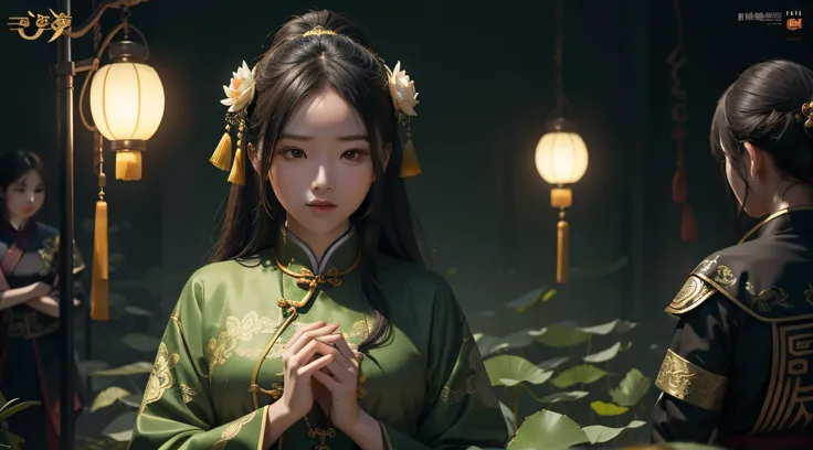 Ancient Chinese wind，（Positive focus），（in the darkness nigth：1），（best qualtiy），filmposter，highly  detailed，8k wallpaper，Volumetriclighting，动态照明，one-girl，Green clothes，There is a lotus pattern on the clothes，sweet，