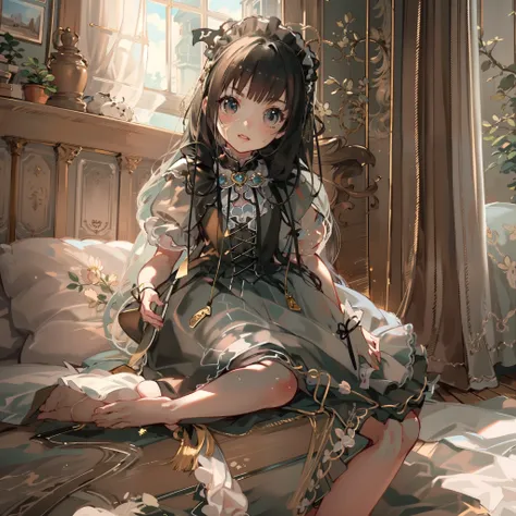 very cute female child:1.1,10 yo,Gothic Lolita:1.8,dutch angle shot,ground-level shot,low angle,full body shot,medium shot,Barefoot,livingroom:1.5,Summer,day, Long hair,flat chest,Wind,Drooping sweat:1.1,(4K), (Raw photo: 1.2), (Realism: 1.4), (masutepiece...