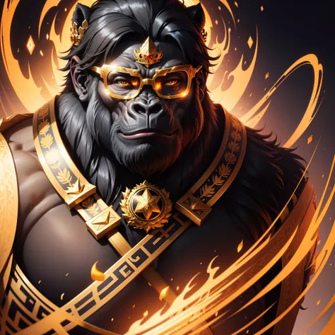 Gorilla with vector illustration of golden crown, e Oculos escuros Masterpiece, Top quality, Best quality, High quality, Ultra-detailed, fire in the background, Vibrant colors, Solo, Extremely detailedm[, Ultra photo realsisim，32K resolution，Excellent pain...