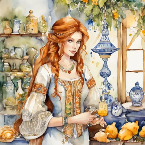 beautiful ginger women in detailed dress at cozy detailed potions shop, air above hair, IPA award wining, masterpiece, made with professional high quality camera, intense contrast, (detailed painting matrix:1.5), perfect colors, perfect setup,