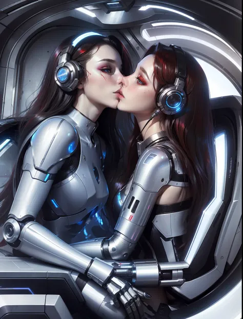 Masterpiece, Best Quality, Girls kissing , Slender, red Eyes, Hair Color, Iridescent, mech body, Long Hair Spreading, cyberpunk guns , White Skin, Medium, Cute, Sexy, Exposed Skin, Night, Psychedelic, Trip, Extreme Color, Paisley Theme,  Legs, , Full Body