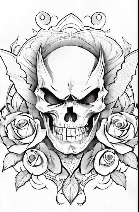 a skull and roses tattoo design on a white background, colored illustration for tattoo, fantasy skull, adorned with demon skulls, highly detailed illustration.”, highly detailed illustration, colouring pages, detailed line art, intense line art, black and ...