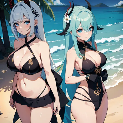 Shenhe, genshin impact, black bikini, masterpiece, busty, beach background, slight smile, curvy, upper body