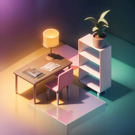 "(Isometric perspective:1.5),(pixar-style:1.2),There is a bed in the bedroom,sofe,table light,Study desk,janelas,Wall paintings,3 d modelling,pink back ground,Global illumination,Ray traching,hdr,rendering,unreal render,best qualtiy,8K,"