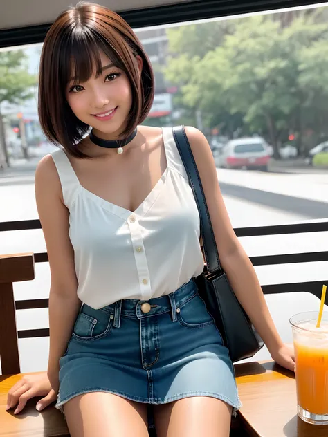 product quality, 1girl, cowboy shot, front view, a Japanese young pretty girl, bob hair, sitting on a chair in front of a table in a common restaurant with a big smile, an orange juice glass on the table, glamorous figure, busty, wearing a sleeveless white...