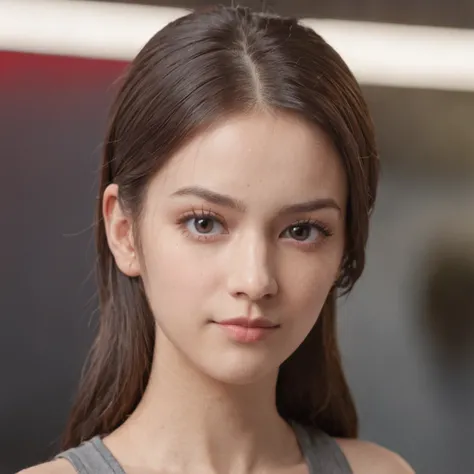 A 20 year old girl with ponytail hair, big dark gray eyes, and a perfect ovale face, rendered in a photorealistic style with sharp edges and a vibrant atmosphere, standing in a convenience store with a top tank shirt being fucked by an old man