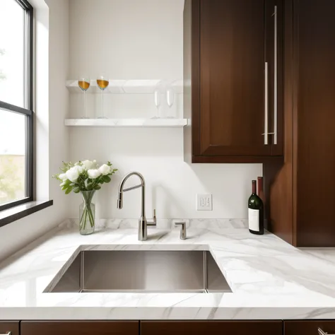 Water bar sink，Close-up of the front direction，The cabinets are lined with wine marble countertops，The table top has vase decorations，Minimalist style