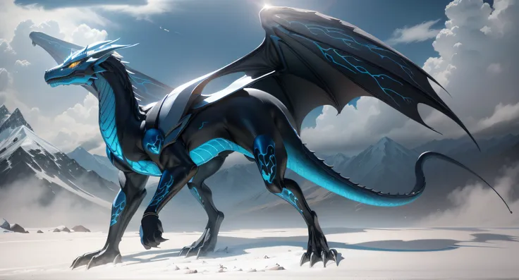 drak，Anthropomorphic dragons，blue color eyes，Silver body，Black body，Full body suit，latex，Full body latex，Stand on the snow，White snow，Behind are the mountains，Monte Everest，sunny clear sky，In the daytime，Digital photography, High contrast, directional and ...