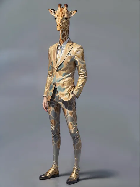 (((fullbody image、Standing posture)))、(Full-body giraffe standing upright in luxury business suit、Humanoid giraffe、Cool anthropomorphic giraffe with long legs)、​masterpiece, top-quality, in 8K , intricate detailes, ultra-detailliert , light Particle、32K Di...