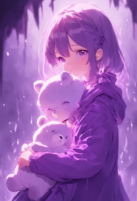 In purple，Lolita style clothing，teens girl，Holding the bear cub，Cute and cute，KIDS ILLUSTRATION，Glow effects，Dingdall effect，depth of fields，high light，Real light，Ray traching，oc rendered，Hyper-realistic，best qualtiy，8K，Works of masters，super-fine，Detailed...