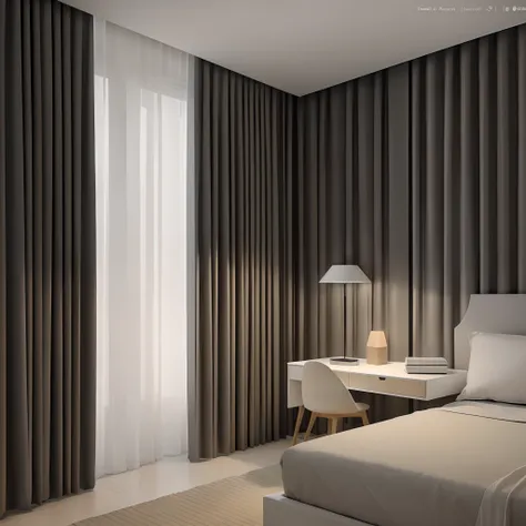 Arafeld bedroom with bed, There is a table and a chair inside, hermosas cortinas, background made of big curtains, draped drapes, Curtains, 窗帘, smooth curvature design, elegant render, natural light in room, rendered in vray, Dark bedroom, Award-winning sh...