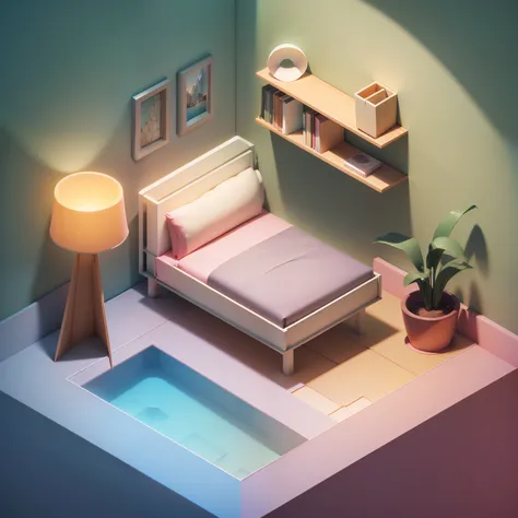 "(Isometric perspective:1.5),(pixar-style:1.2),There is a bed in the bedroom,sofe,table light,Study desk,janelas,Wall paintings,3 d modelling,pink back ground,Global illumination,Ray traching,hdr,rendering,unreal render,best qualtiy,8K,"