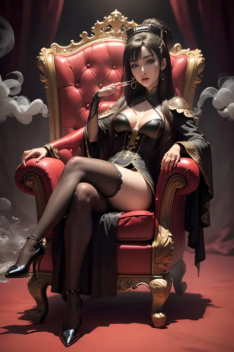 (cbzbb:1.25),sexzy wednesday as Li Bingbing,, smoking cigrattee,full body view, very horror background.1female, 8k, hdr effect,glory goddess sitting in sexzy bloody queen horror chair,