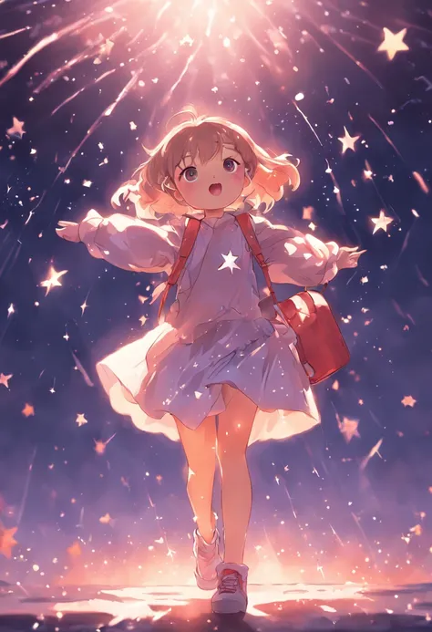 Stars shine，Colorful，Lolita style clothing，Cartoon small backpack，teens girl，Holding the bear cub，Clumsy jumps，Cute and cute，KIDS ILLUSTRATION，Glow effects，Dingdall effect，depth of fields，high light，Real light，Ray traching，oc rendered，Hyper-realistic，best ...