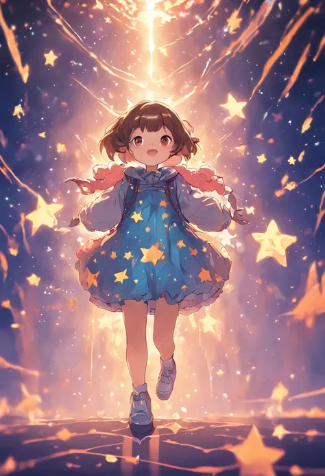 Stars shine，Colorful，Lolita style clothing，Cartoon small backpack，teens girl，Holding the bear cub，Clumsy jumps，Cute and cute，KIDS ILLUSTRATION，Glow effects，Dingdall effect，depth of fields，high light，Real light，Ray traching，oc rendered，Hyper-realistic，best ...