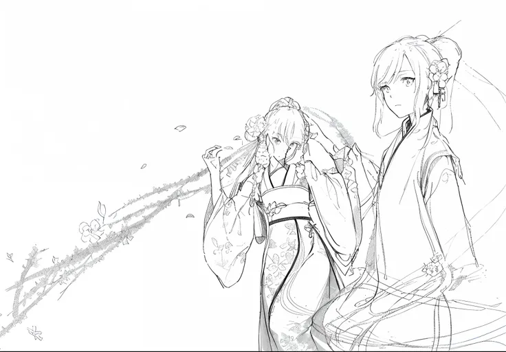 tmasterpiece, Need, of a guy，one-girl，Double，Hanfu, Long hair, avatar close up，Flower line drawing background, White background, Mono Color, Line drawings, ((sketch))