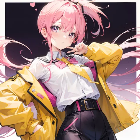 Pink yellow hair，High ponytail，Jacket school uniform，Slim waist, Flat chest，Sweet and cute girl