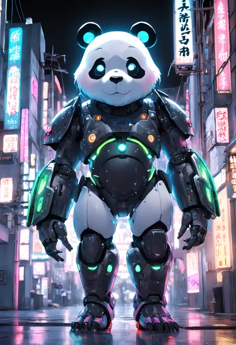 personification，Transparent mechanical panda，Cyberpunk, dreamy glow, luminous neon lights, ( Global illumination, Ray traching, hdr, unreal render,reasonable design, high detal, Masterpiece, Best quality, hyper HD, Cinematic lighting), Mecha musume