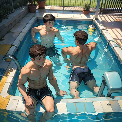 Two boys swimming in shorts，swimmingpool