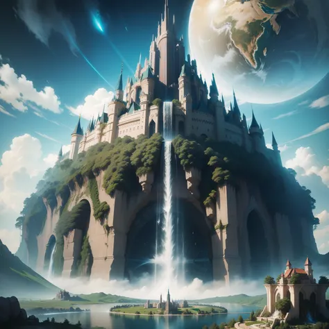 Terraforming　Skyscrapers　epcot　huge waterfall　Huge castle　cyberpunked　Earth Metropolis　Sci-Fi Art Masterpiece　超A high resolution