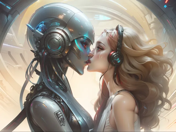 Masterpiece, Best Quality, Girls kissing , Slender, red Eyes, Hair Color, Iridescent, mech body, Long Hair Spreading, cyberpunk guns , White Skin, Medium, Cute, Sexy, Exposed Skin, Night, Psychedelic, Trip, Extreme Color, Paisley Theme,  Legs, , Full Body