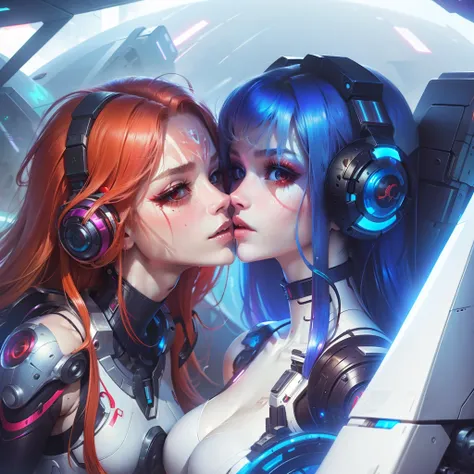 Masterpiece, Best Quality, Girls kissing , Slender, red Eyes, Hair Color, Iridescent, mech body, Long Hair Spreading, cyberpunk guns , White Skin, Medium, Cute, Sexy, Exposed Skin, Night, Psychedelic, Trip, Extreme Color, Paisley Theme,  Legs, , Full Body