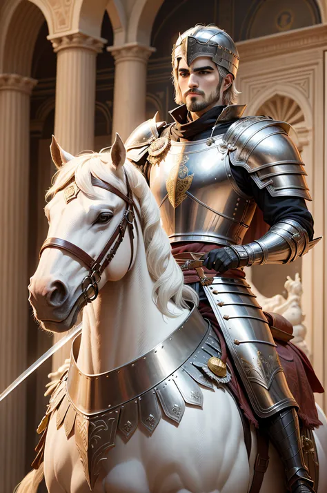 Roman knight from the 3rd century AD, a handsome young man,wearing war armor, chivalrous, noble, powerful, Light mustache, Roman knights helmet, raises his sword, on a white horse, eye, face details