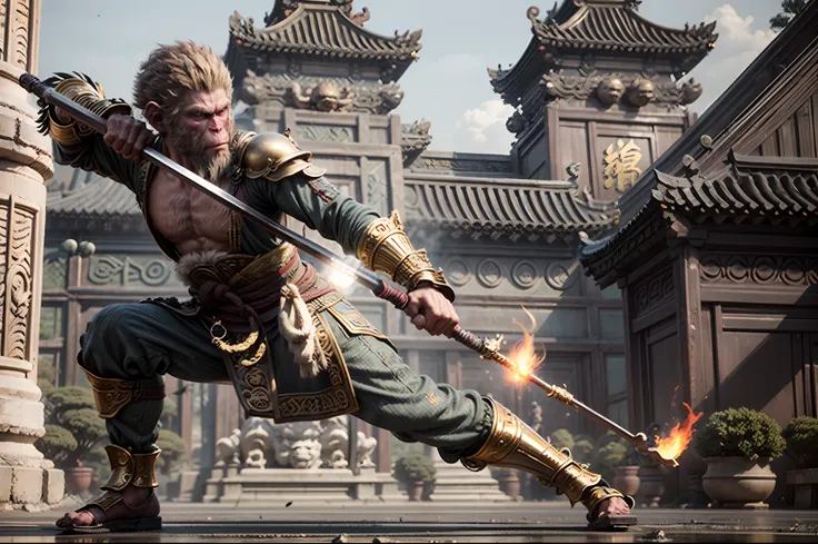 ((1man)),anthropomorphic male monkey man with golden hoop stick in his hand, bo staff, sun wukong, wukong, fighting buddha, norm...