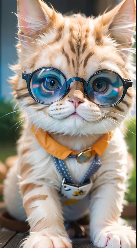 A cat, Wear baby clothes, With glasses, Drinking milk, 。.3D, Realistic, Intense bright colors, 8K, Fine strokes, and elegance