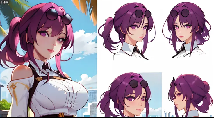 masterpiece, best quality,kfk, 1girl, bangs, bare_shoulders, skirt, breasts, gloves, jewelry, large_breasts, long_hair, long_sleeves, pantyhose, purple_eyes, purple_hair, shirt, solo,viewer,sunglasses,bikini, (sun, cloud,renaissance city around water,outdo...