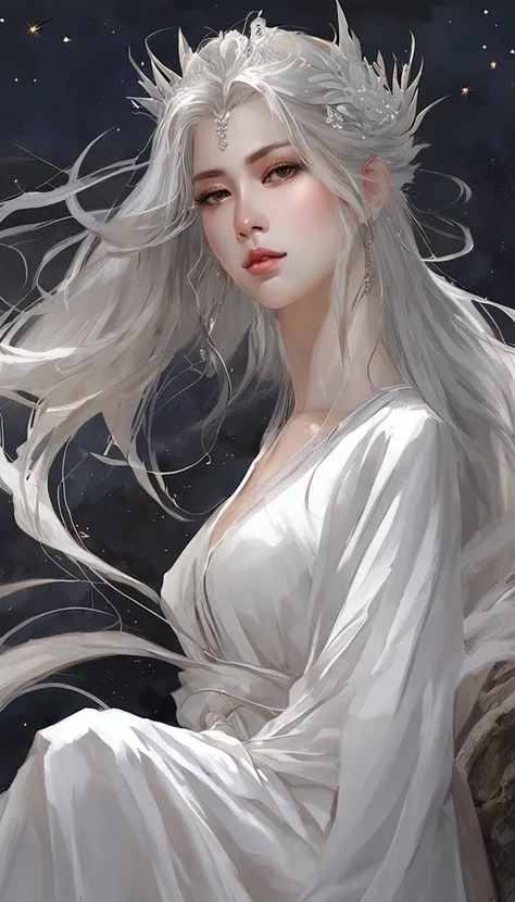 (best qualtiy，tmasterpiece), Beautiful teenage girl, Beautiful goddess, Sexy goddess, magestic, Robe, white crane, salama, The right hand, A long flowing dress, Slender legs Silver hair, By bangs, Detailed scenes, the night, starrysky, cold light, Full moo...