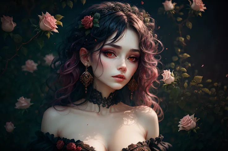 ((masterpiece)), Vampire princess, (absurdres, highres, ultra detailed),1girl, backlighting, bare shoulders, black background, black gothic dress, black and pink hair, blood, cowboy shot, dress, ornate ancient earrings, expressionless, roses, light particl...